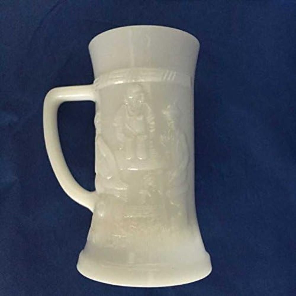 Vintage Milk Glass Stein Beer Mug Tavern Scene